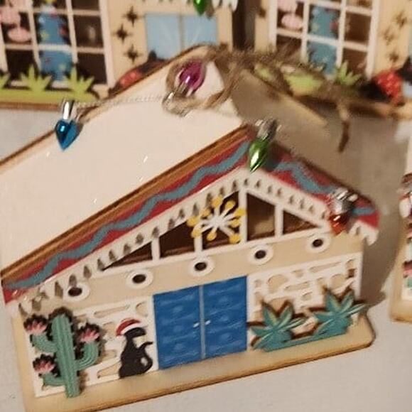 Christmas tree ornament mid century house retro with cat holiday new wood - Picture 3 of 3